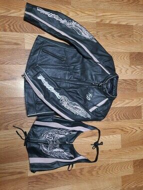 Harley Davidson Leather Jacket & Halter Top Set Pink Black Winged W's M/L READ